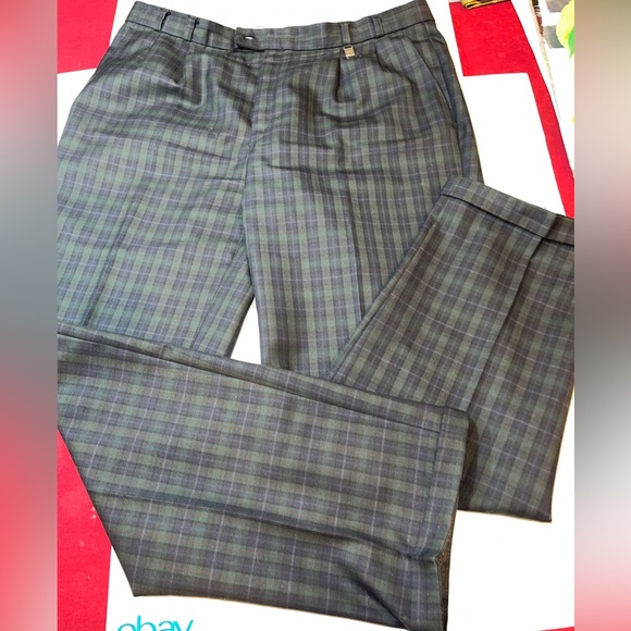 Blue Green PLAID Pleated Wool Dress pants mens 37 rolled cuffs straight KWN 90s - Picture 7 of 13